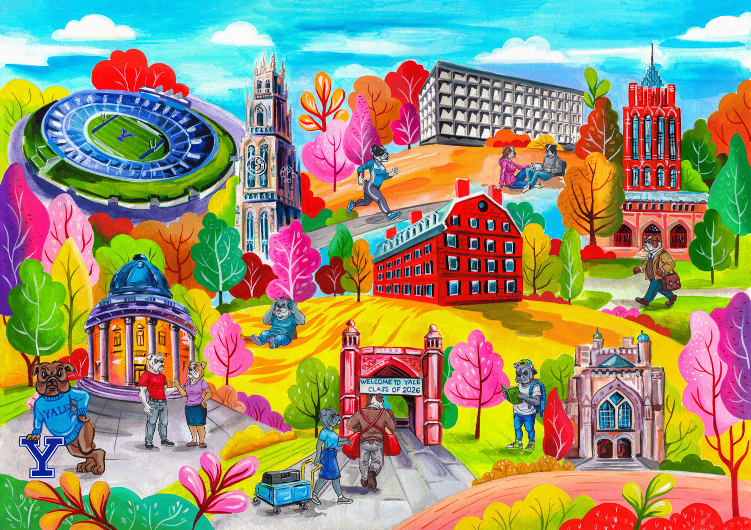 Vibrant illustrated scene of Yale University with bulldog mascots